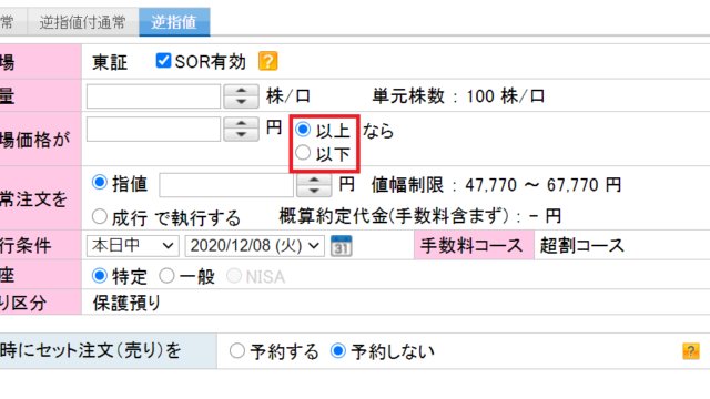 楽天証券の逆指値注文画面